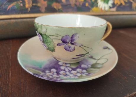 2021.06.21 Antique Limoges Porcelain Cup and Saucer Violets Hand Painted