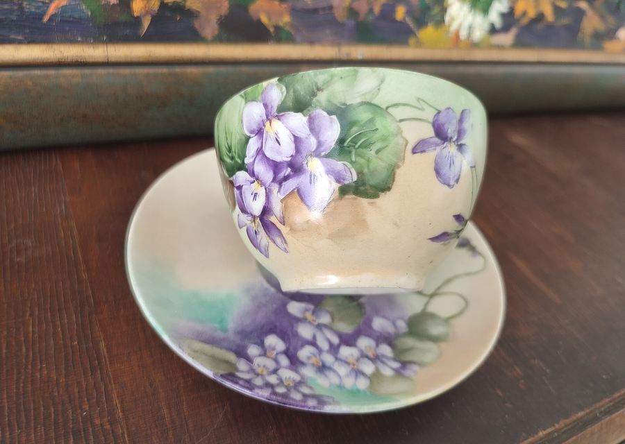 2021.06.21 Antique Limoges Porcelain Cup and Saucer Hand Painted Violets
