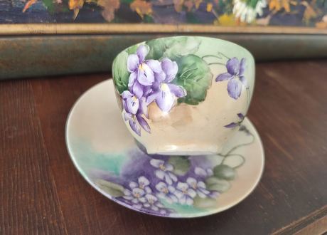 2021.06.21 Antique Limoges Porcelain Cup and Saucer Hand Painted Violets