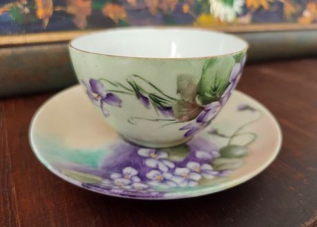 2021.06.21 Antique Limoges Porcelain Duo Cup and Saucer Hand Painted Violets